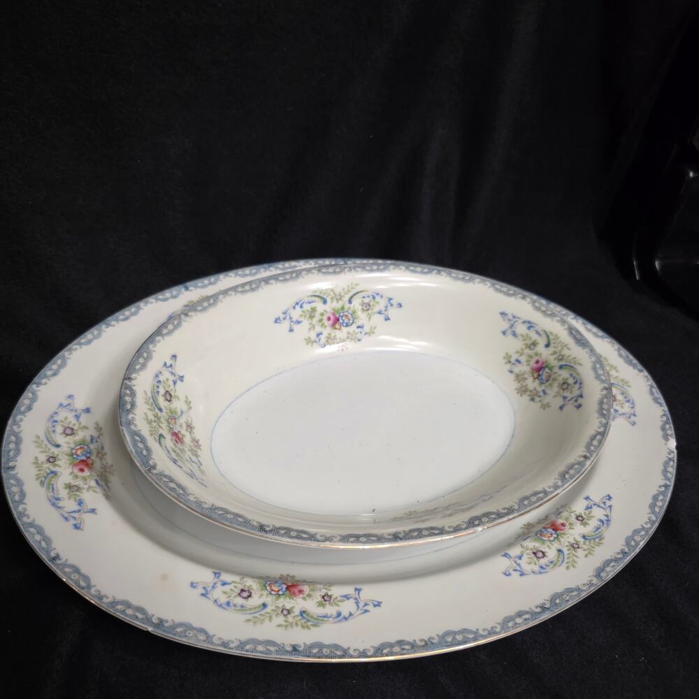 Vintage Krescent China Japan Oval Nesting Bowl & Platter  Blue Floral Gold Trim